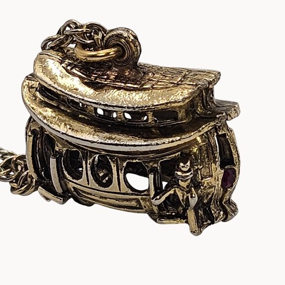 VTG Necklace Brass Tone Trolley Train Box Car Whimsigoth Steampunk Fashion - Picture 9 of 16